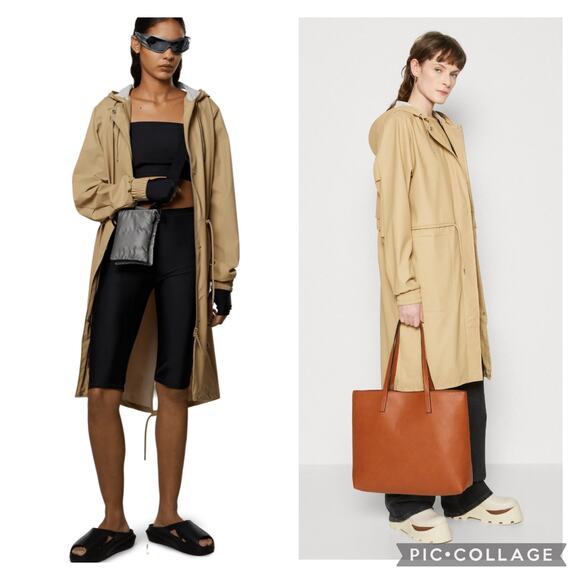 NWT RAINS Unisex Long Rain Jacket Hood Hooded String Parka Sand sz L - Picture 1 of 16